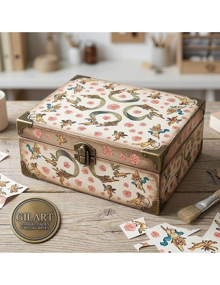Caja de madera decorada con papel de arroz Stamperia motivo angeles