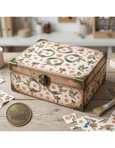 Caja de madera decorada con papel de arroz Stamperia motivo angeles