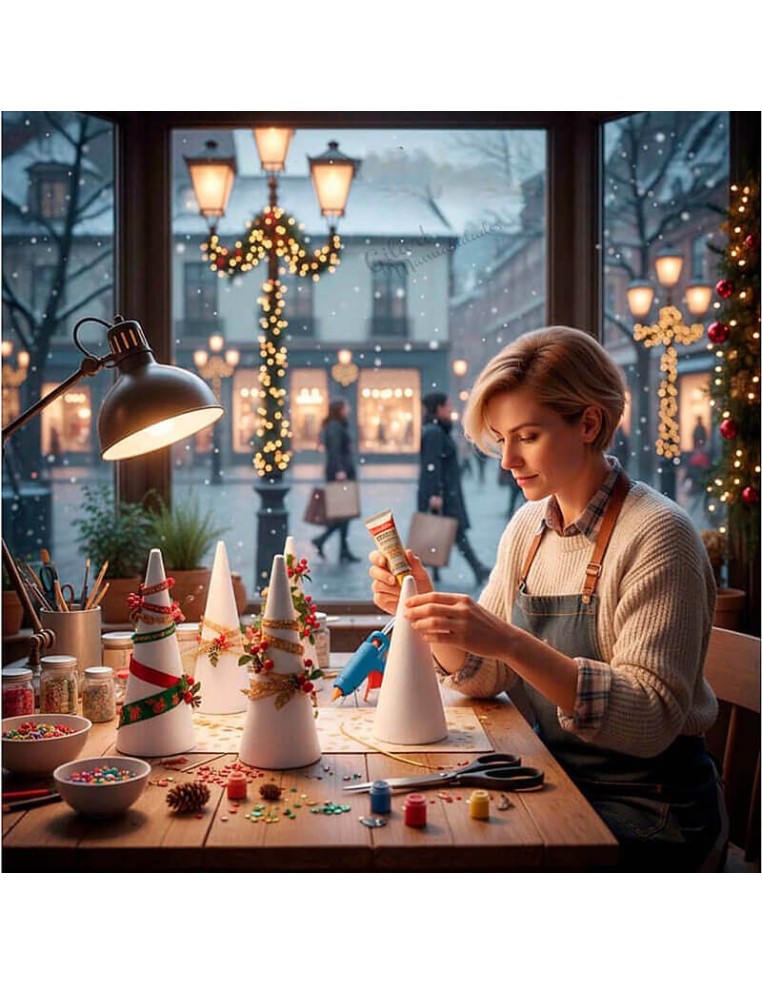 Mujer aplicando silicona en mini conos de porexpan con cintas y bayas de Navidad