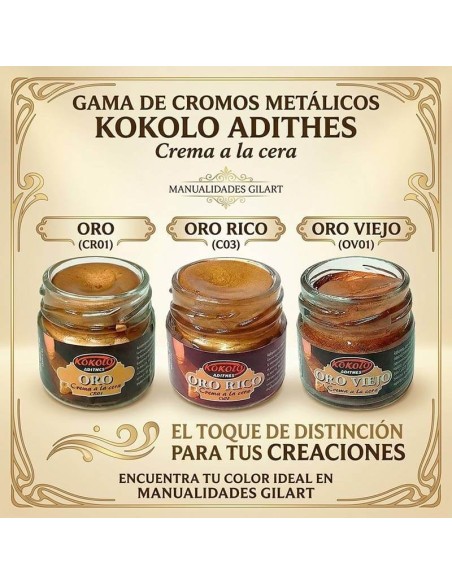 Ceras a la cera Kokolo Adithes en oro, oro rico y oro viejo para acabados metálicos