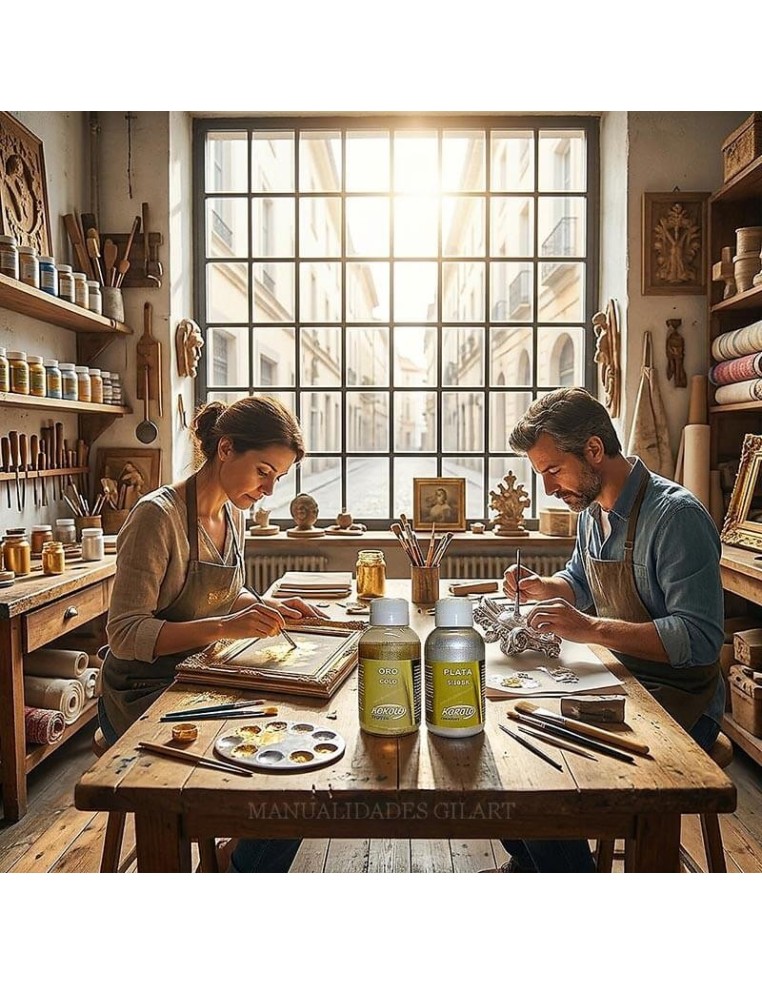 Taller de restauración con oro y plata líquidos Kokolo 125 ml sobre mesa de trabajo
