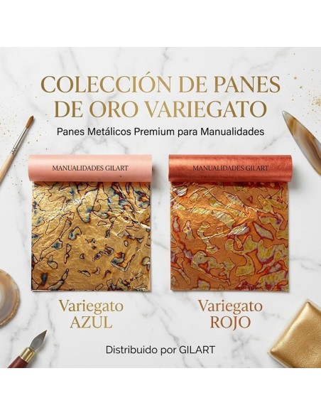 Muestra de pan de oro variegato azul y rojo para comparativa de color