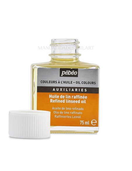 Aceite de linaza refinado Pebeo 75 ml con tapón abierto distribuido por Gilart