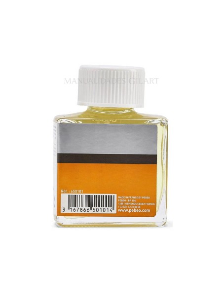 Aceite de linaza refinado Pebeo 75 ml con tapón abierto distribuido por Gilart