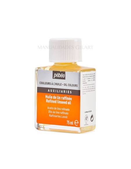 Vista lateral del aceite de linaza refinado Pebeo 75 ml para pintura