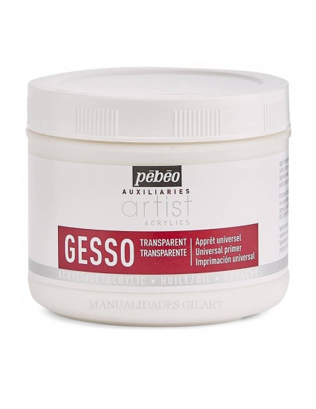 Vista frontal del bote de Gesso Transparente Pebeo Artist Acrylics 500 ml, imprimación universal para lienzo y superficies.