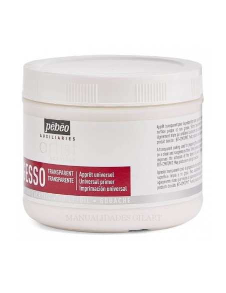 Gesso Transparente Pebeo 500 ml: Imprimación universal para lienzos y soportes.