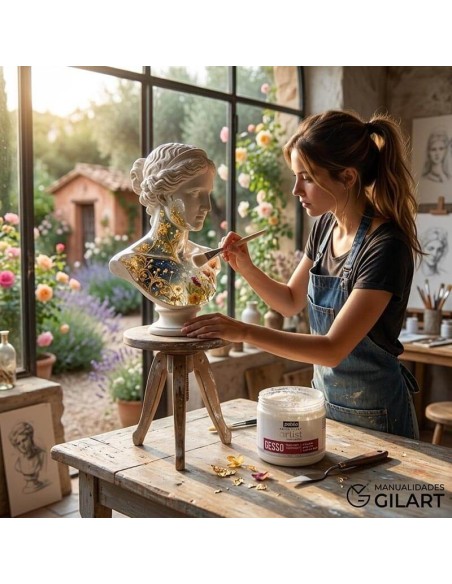La artista aplica una imprimación universal mate con el Gesso Transparente de Pebeo sobre una escultura.