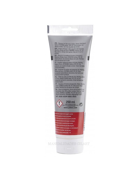Dorso del tubo de gesso blanco Pebeo Studio 250 ml con especificaciones técnicas