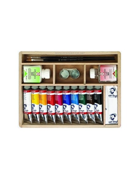 Interior del estuche acrílico Royal Talens con 10 colores y auxiliares
