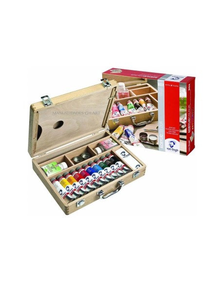 Set de pintura acrílica en caja de madera abierta con tubos y pinceles