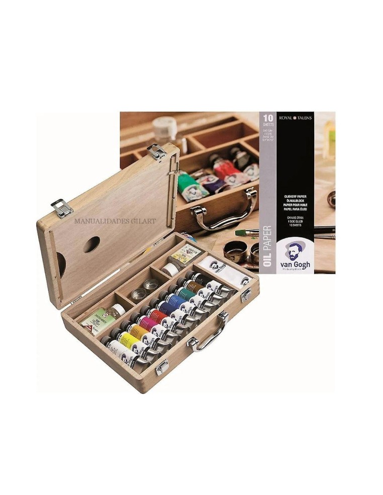 Set de pintura al óleo en caja de madera abierta