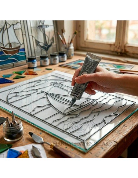 Aplicación de plomo líquido Cerne Relief Pebeo plata sobre vidrio para crear contornos