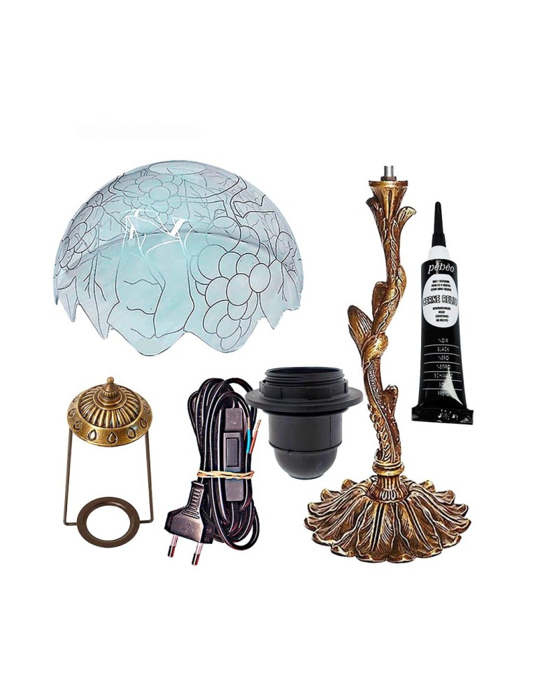 Kit completo lámpara Tiffany uvas 25 cm con pie árbol zamak 28 cm y accesorios