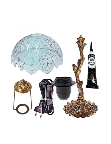 Kit completo lámpara Tiffany uvas 25 cm con pie árbol zamak 28 cm y accesorios