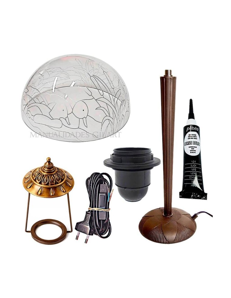 Kit lámpara Tiffany metacrilato patos lago 30 cm con pie cónico bronce 33 cm y accesorios