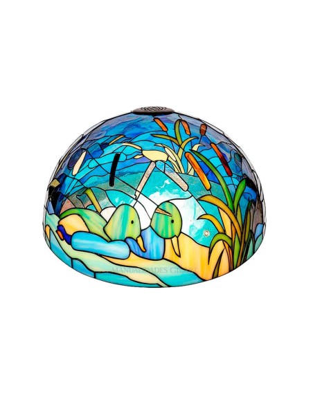 Pantalla Tiffany pintada con efecto vitral de patos en el lago, tonos azules, verdes y naranjas