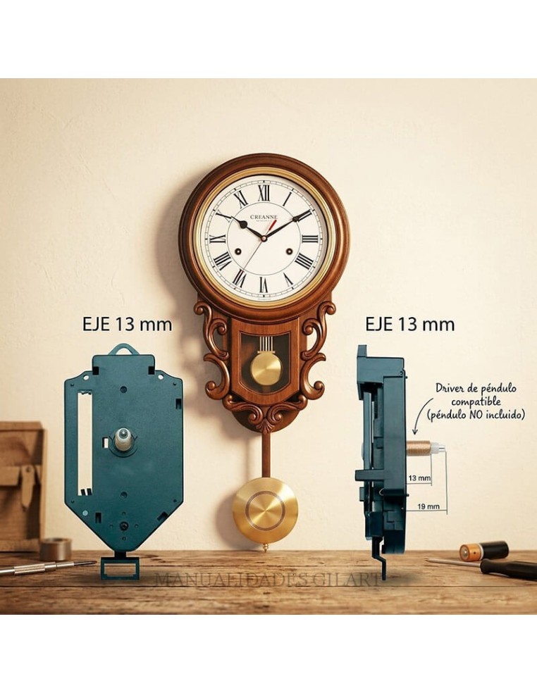 Esquema técnico con medidas del eje de 13 mm del mecanismo de reloj de péndulo