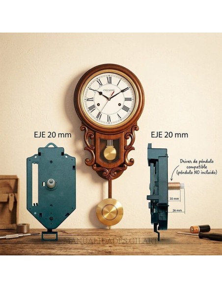 Mecanismo de reloj de péndulo de cuarzo con eje de 20 mm y elementos de montaje