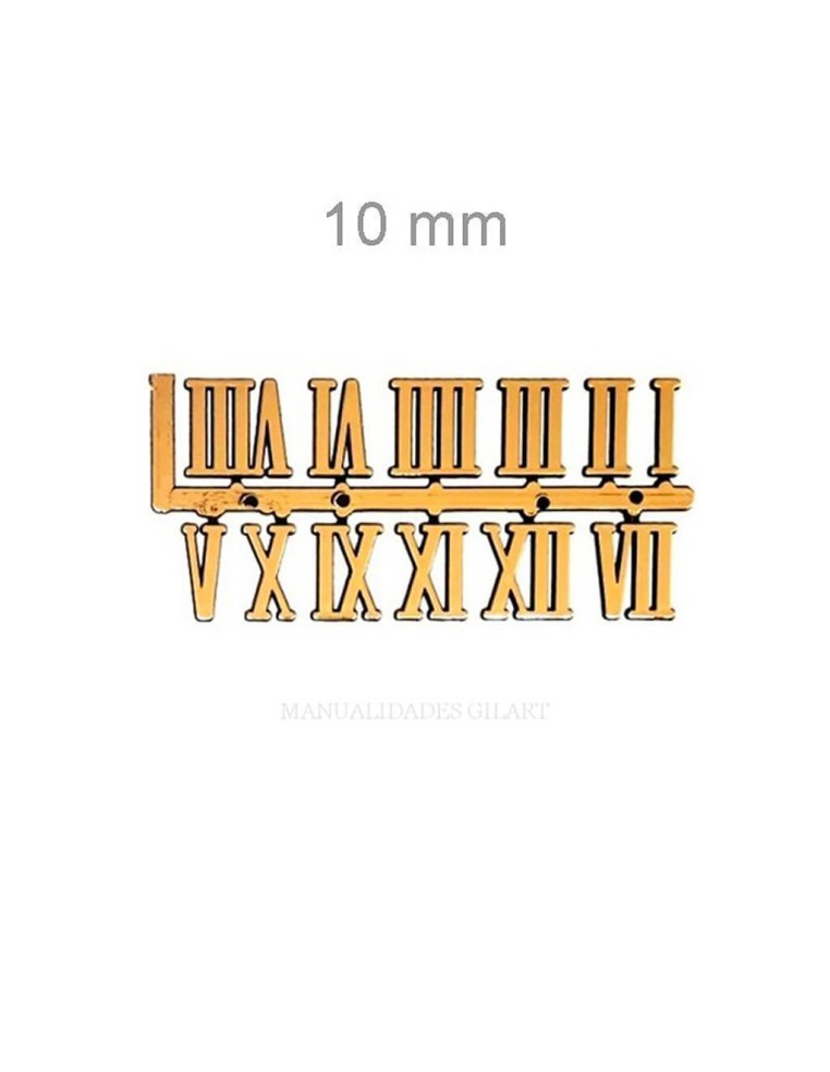 Números romanos adhesivos dorados para relojes de 10 mm.