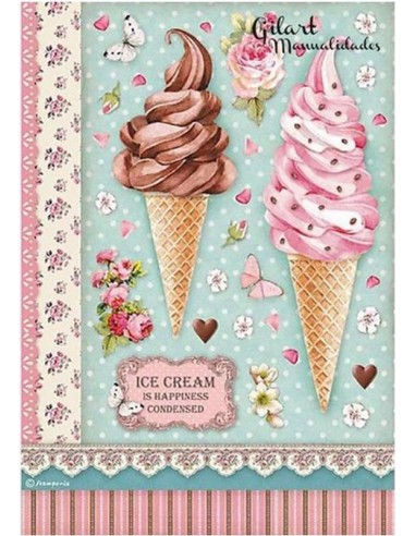 "Crea con encanto: Papel de Arroz Stamperia A4 Ice Cream, la inspiración perfecta para tus proyectos creativos."