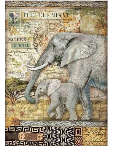 "Savana: Papel de arroz Stamperia A4 con elefante. Inspira con tu arte único."