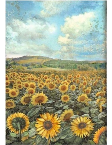 "Crea con encanto: Papel arroz Stamperia A4 Sunflower Art para panorama (DFSA4770)."