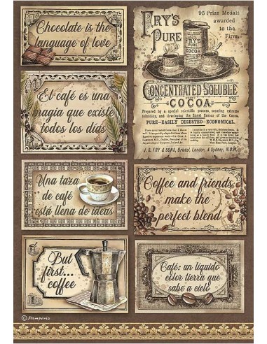 Diseños italianos cautivadores en papel arroz A4 Stamperia: Coffee and Chocolate etiquetas. ¡Decora con elegancia!