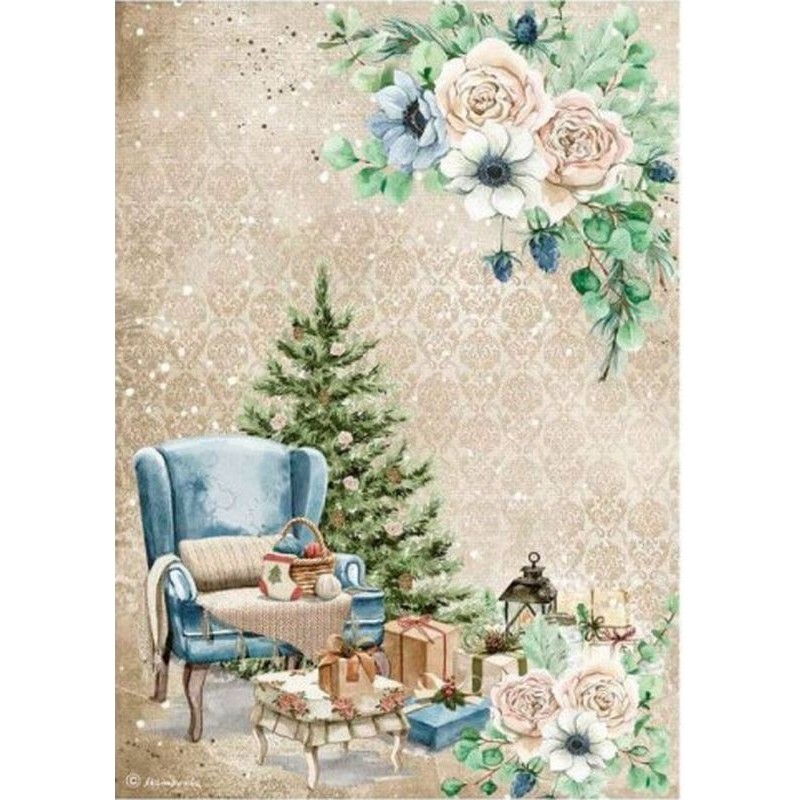 Papel arroz Stamperia A4 Romantic Cozy winter silla DFSA4709