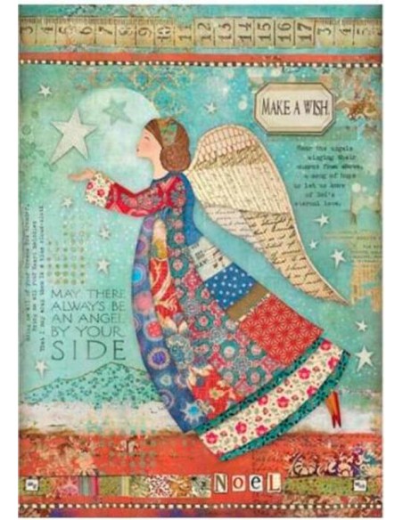 Papel arroz A4 Stamperia hacer un deseo patchwork ángel  DFSA4407