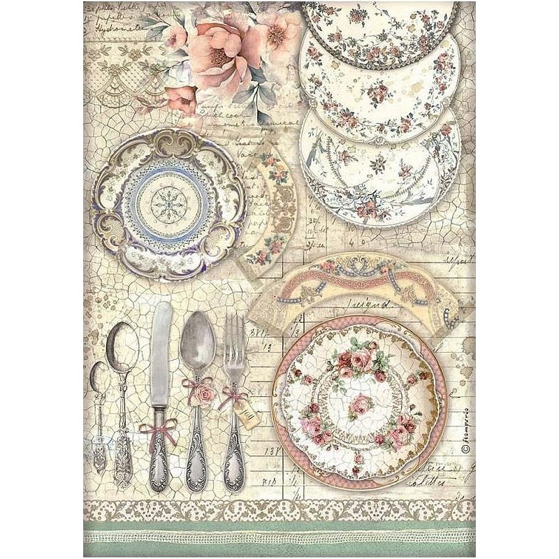 Papel de arroz Stamperia A4 - Brocante Antiques Platos de Cerámica DFSA4856