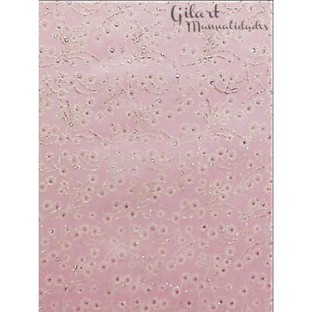Papel especial fibra rosa flores blancas 50x70