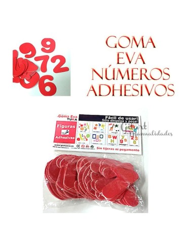 Pack 30 Números Adhesivos Goma Eva rojos 70 mm, perfectos para rótulos y manualidades.