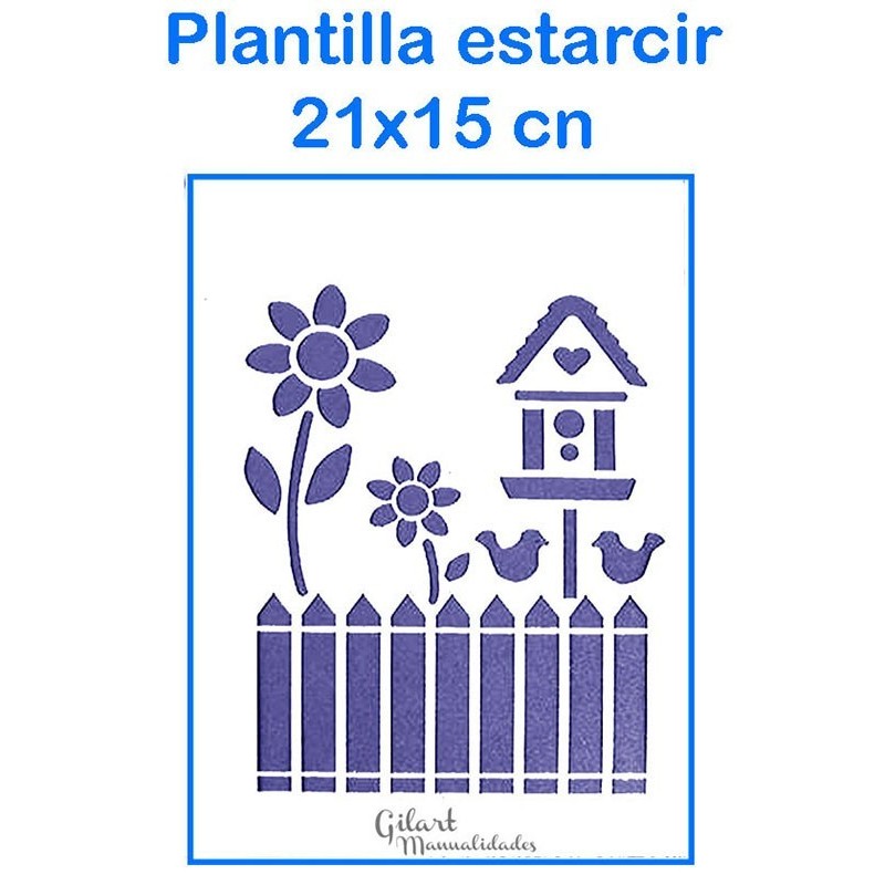 Stencil plantilla valla casita flores 21x15 cm