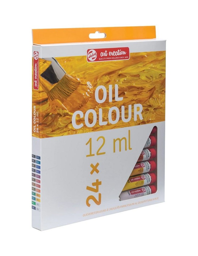 El set de óleos desde un ángulo, mostrando la caja y algunos colores.