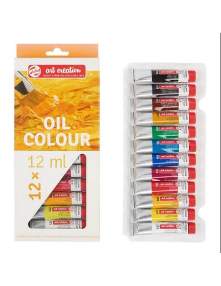 Primer plano del set de óleos, destacando la marca y los tubos.