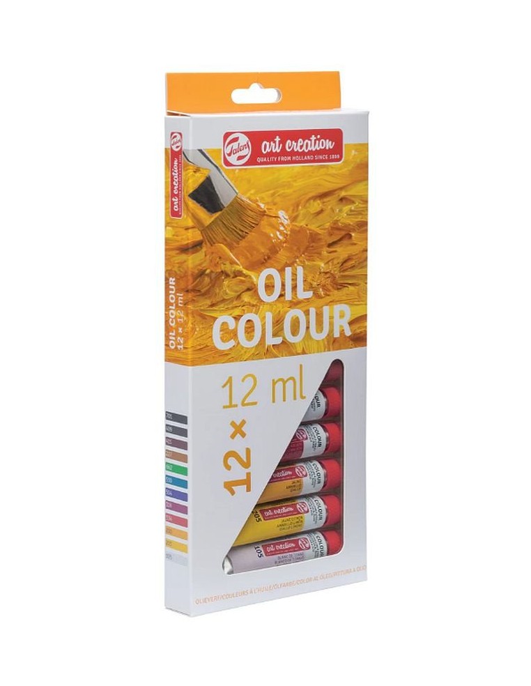 El set de óleos desde un ángulo, mostrando la caja y algunos colores.