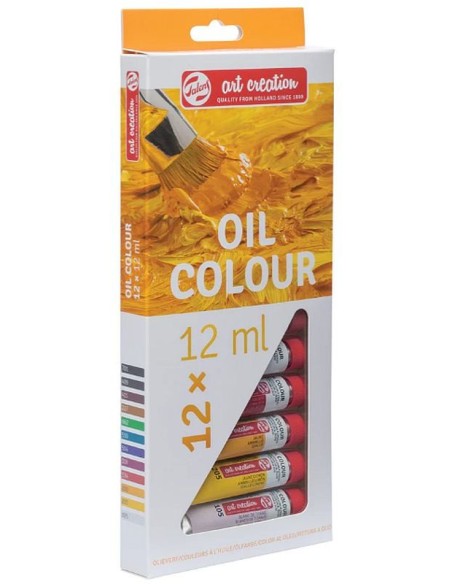 El set de óleos desde un ángulo, mostrando la caja y algunos colores.