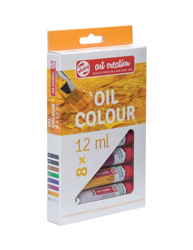 El set de óleos desde un ángulo, mostrando la caja y algunos colores.