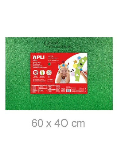 Goma Eva Purpurina Verde Apli 60x40 cm, ideal para manualidades y decoraciones.