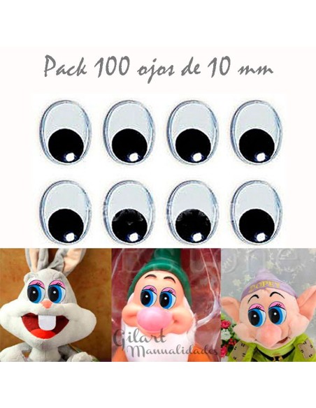 Ojos móviles ovalados 10 mm bolsa 100 uds para manualidades versátiles y expresivos
