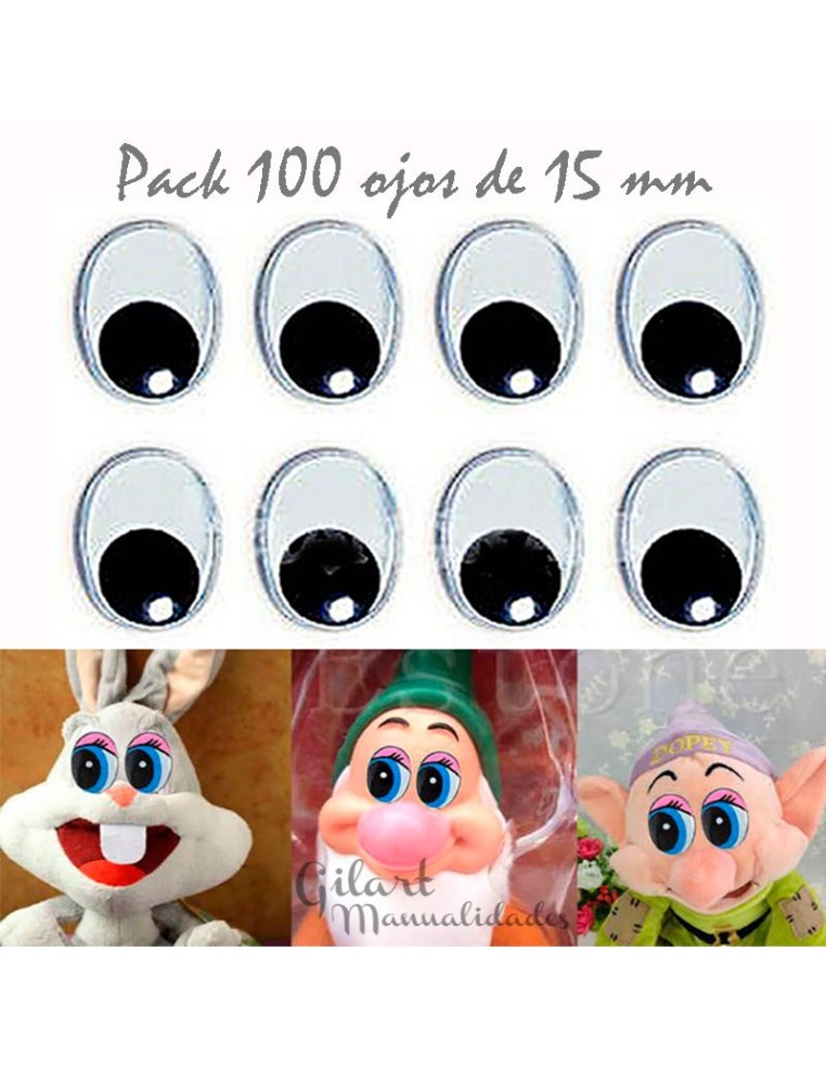 Ojos móviles ovalados 15 mm bolsa 100 uds para muñecos peluches y manualidades
