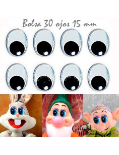 Ojos móviles ovalados 15 mm bolsa 30 uds para manualidades creativas