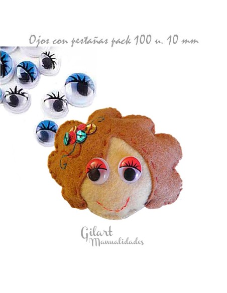 Ojos móviles redondos de 10 mm con pestañas – pack de 100 unidades