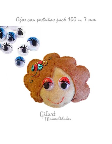 Ojos móviles redondos de 7 mm con pestañas – pack de 100 unidades para manualidades