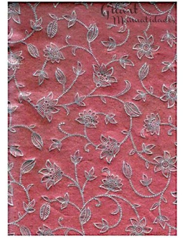 Papel Forrar Scrapbooking Metalizado Rojo Flores Plata 50x70 cm para manualidades.