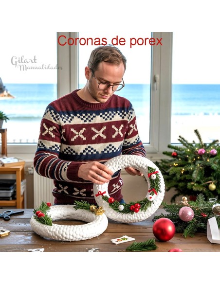 Hombre decorando Coronas de Porexpán con creatividad.