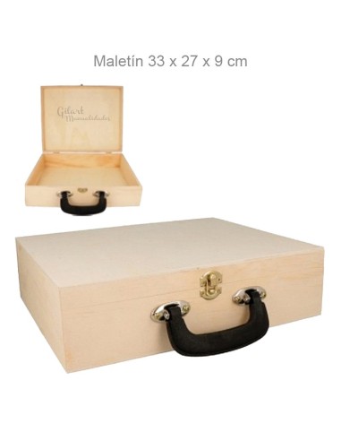 Caja Maletín Madera Natural con Asa 33x27x9 cm, perfecta para tus proyectos creativos.