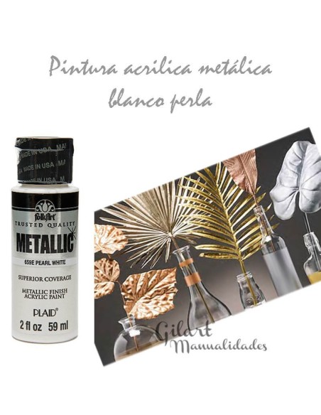 Pintura acrílica metálica Blanco Perla FolkArt 59 ml para brillo y decoración.