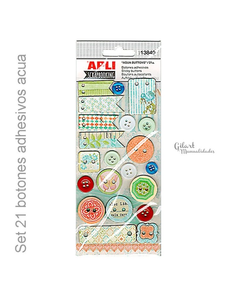 Set de Botones Adhesivos Diseño Acua – 21 unidades para tus manualidades.